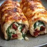 Chicken breast roll ups - the image shows two pieces of stuffed chicken breasts on a gray plate. the chicken breasts are golden brown and appear to be stuffed with a mixture of spinach, cheese, and sun-dried tomatoes. the cheese is melted and bubbly, and the tomatoes are bright red. the plate is sitting on a wooden table with a blurred background.