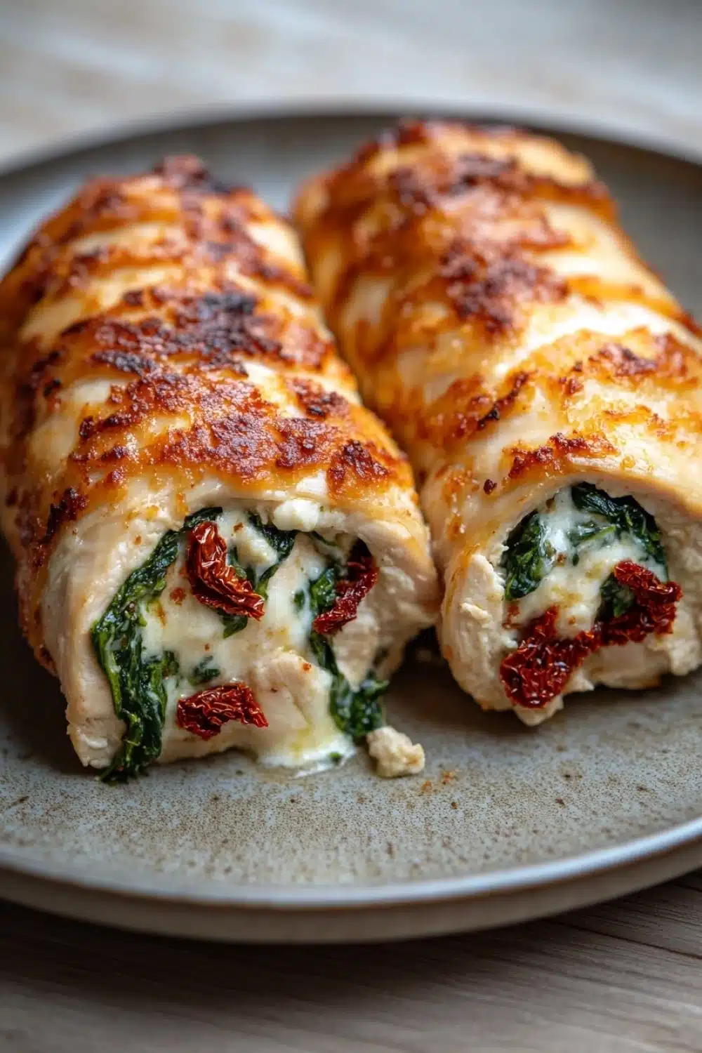 Chicken breast roll ups - the image shows two pieces of stuffed chicken breasts on a gray plate. the chicken breasts are golden brown and appear to be stuffed with a mixture of spinach, cheese, and sun-dried tomatoes. the cheese is melted and bubbly, and the tomatoes are bright red. the plate is sitting on a wooden table with a blurred background.