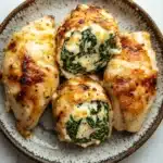 Chicken breast roll ups - the image shows a plate of four pieces of chicken breasts stuffed with spinach and cheese. the chicken breasts are golden brown and appear to be seasoned with herbs and spices. the cheese is melted and bubbly on top, and the spinach is a vibrant green color. the plate is round and has a speckled pattern around the edges. the background is a white marble countertop.