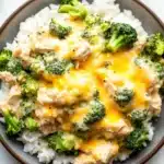 Chicken broccoli casserole slow cooker - the image is a close-up of a bowl of food. the bowl is made of dark brown ceramic and is placed on a white marble countertop. the food in the bowl appears to be a dish made with rice and broccoli. the rice is white and fluffy, and the broccoli is bright green. on top of the rice, there is a layer of melted cheese, which is a light yellow color. the cheese is spread evenly over the top, covering the entire dish. the dish looks appetizing and ready to eat.