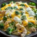 Chicken broccoli casserole slow cooker - the image shows a plate of food on a wooden table. the dish appears to be a casserole or pasta dish with a layer of chicken and broccoli on top. the chicken is cooked to a golden brown color and is covered in melted cheese. the broccoli is bright green and looks fresh and healthy. the plate is brown and has a textured surface. the background is blurred, making the dish the focal point of the image.