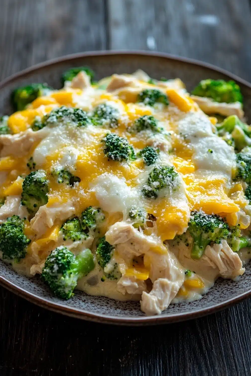 Chicken broccoli casserole slow cooker - the image shows a plate of food on a wooden table. the dish appears to be a casserole or pasta dish with a layer of chicken and broccoli on top. the chicken is cooked to a golden brown color and is covered in melted cheese. the broccoli is bright green and looks fresh and healthy. the plate is brown and has a textured surface. the background is blurred, making the dish the focal point of the image.