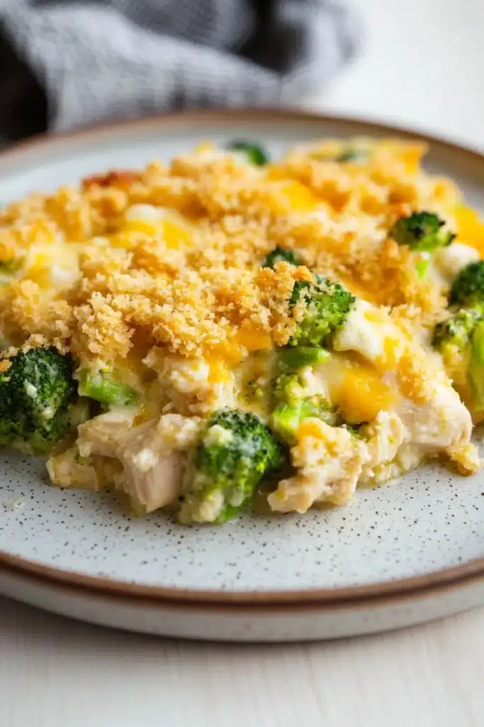 Chicken broccoli casserole with panko - the image shows a plate of food with a serving of chicken and broccoli casserole. the plate is white with a speckled pattern and is placed on a white tablecloth. the chicken is covered in a layer of melted cheese and crumbled breadcrumbs, giving it a golden brown color. the broccoli pieces are bright green and appear to be cooked until they are soft and fluffy. the dish looks appetizing and ready to eat.