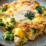 Chicken broccoli casserole with panko - the image shows a close-up of a slice of broccoli casserole on a gray plate. the dish appears to be made with chicken, broccoli, and cheese, and is topped with a layer of breadcrumbs. the broccoli is bright green and looks fresh and healthy. the cheese is melted and bubbly, and there are small bits of herbs scattered throughout the dish. the plate is sitting on a wooden table, and the background is blurred.