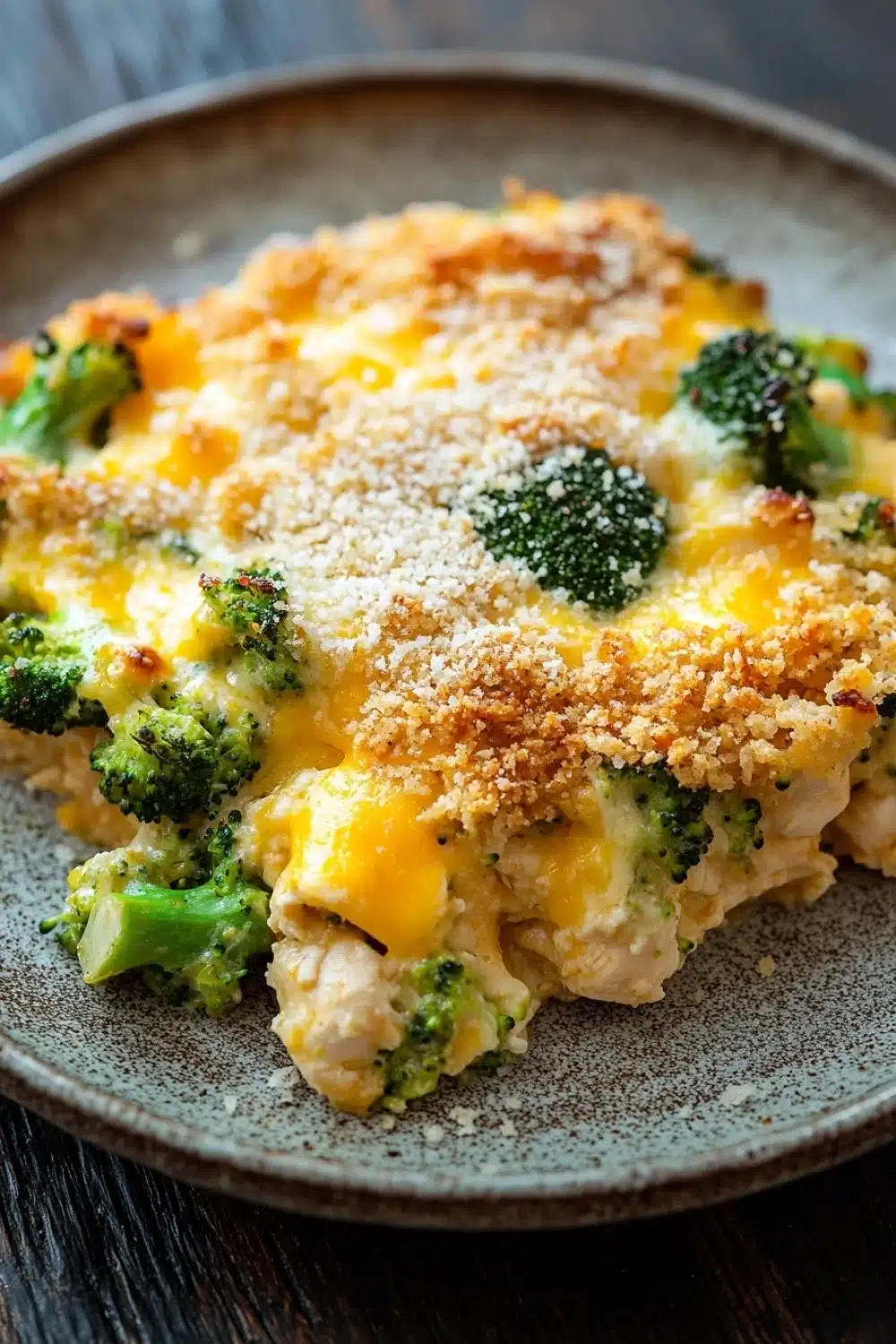 Chicken broccoli casserole with panko - the image shows a close-up of a slice of broccoli casserole on a gray plate. the dish appears to be made with chicken, broccoli, and cheese, and is topped with a layer of breadcrumbs. the broccoli is bright green and looks fresh and healthy. the cheese is melted and bubbly, and there are small bits of herbs scattered throughout the dish. the plate is sitting on a wooden table, and the background is blurred.