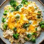Chicken broccoli rice casserole trisha yearwood - the image is a close-up of a plate of food. the plate is round and has a light brown color with a speckled pattern. the food appears to be a dish made with rice, broccoli, and chicken. the rice is white and fluffy, and the broccoli is bright green. on top of the rice, there is a layer of melted cheese, which is a bright yellow color. the cheese is crumbled and golden brown, and there are small pieces of breadcrumbs scattered throughout the dish. the dish is garnished with a sprinkle of herbs. the background is a dark wooden table.
