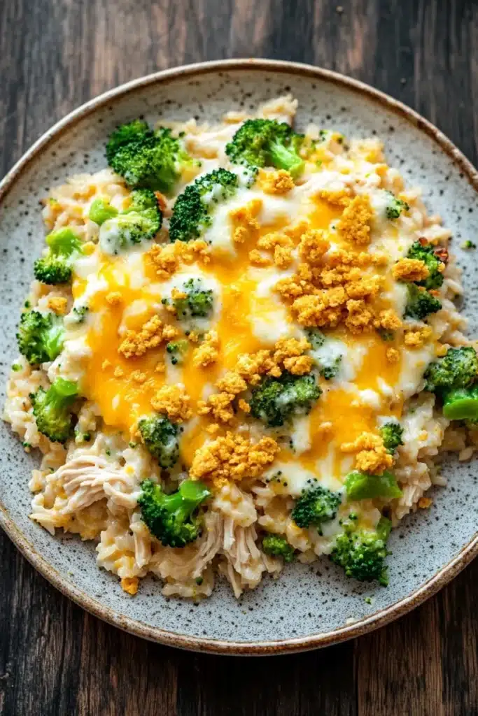 Chicken broccoli rice casserole trisha yearwood - the image is a close-up of a plate of food. the plate is round and has a light brown color with a speckled pattern. the food appears to be a dish made with rice, broccoli, and chicken. the rice is white and fluffy, and the broccoli is bright green. on top of the rice, there is a layer of melted cheese, which is a bright yellow color. the cheese is crumbled and golden brown, and there are small pieces of breadcrumbs scattered throughout the dish. the dish is garnished with a sprinkle of herbs. the background is a dark wooden table.