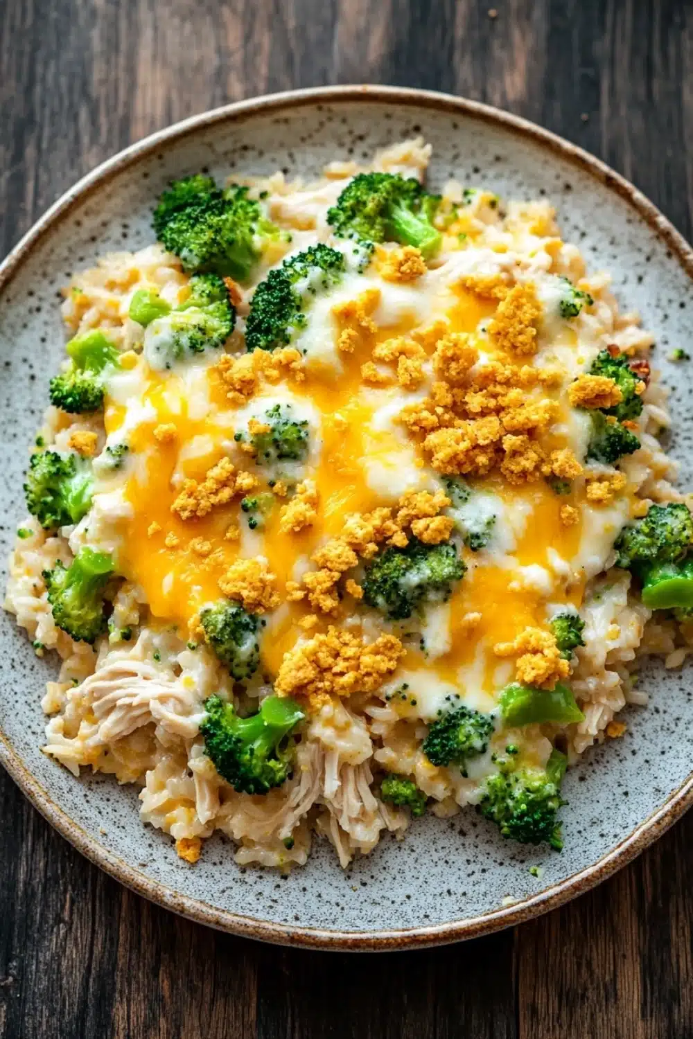 Chicken broccoli rice casserole trisha yearwood - the image is a close-up of a plate of food. the plate is round and has a light brown color with a speckled pattern. the food appears to be a dish made with rice, broccoli, and chicken. the rice is white and fluffy, and the broccoli is bright green. on top of the rice, there is a layer of melted cheese, which is a bright yellow color. the cheese is crumbled and golden brown, and there are small pieces of breadcrumbs scattered throughout the dish. the dish is garnished with a sprinkle of herbs. the background is a dark wooden table.