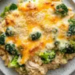 Chicken broccoli rice casserole trisha yearwood - the image shows a plate of food with a serving of risotto and broccoli. the risotto is a creamy yellow color and appears to be cooked until it is soft and fluffy. the broccoli is cut into small pieces and is scattered on top of the risotto. the dish is garnished with a sprinkle of parmesan cheese. the plate is white with a speckled pattern and is sitting on a wooden table. a gray napkin is visible in the top left corner of the image.