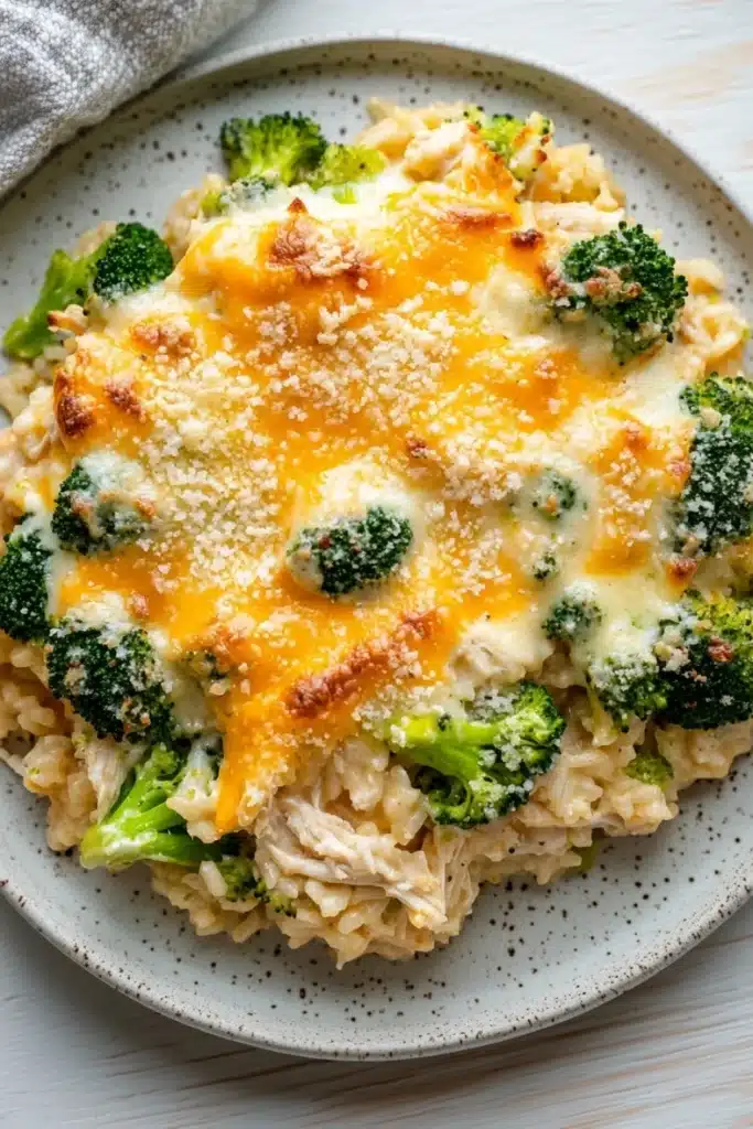 Chicken broccoli rice casserole trisha yearwood - the image shows a plate of food with a serving of risotto and broccoli. the risotto is a creamy yellow color and appears to be cooked until it is soft and fluffy. the broccoli is cut into small pieces and is scattered on top of the risotto. the dish is garnished with a sprinkle of parmesan cheese. the plate is white with a speckled pattern and is sitting on a wooden table. a gray napkin is visible in the top left corner of the image.