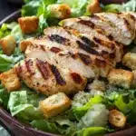 Chicken caesar salad - the image shows a large wooden bowl filled with a salad. the salad is made up of green leafy vegetables, possibly romaine lettuce, and is topped with grilled chicken breasts. the chicken breasts are golden brown and appear to be seasoned with herbs and spices. there are also croutons scattered throughout the salad, adding a crunchy texture. in the background, there is a small bowl of dressing and a wooden cutting board. the bowl is sitting on a wooden table with a white cloth napkin.