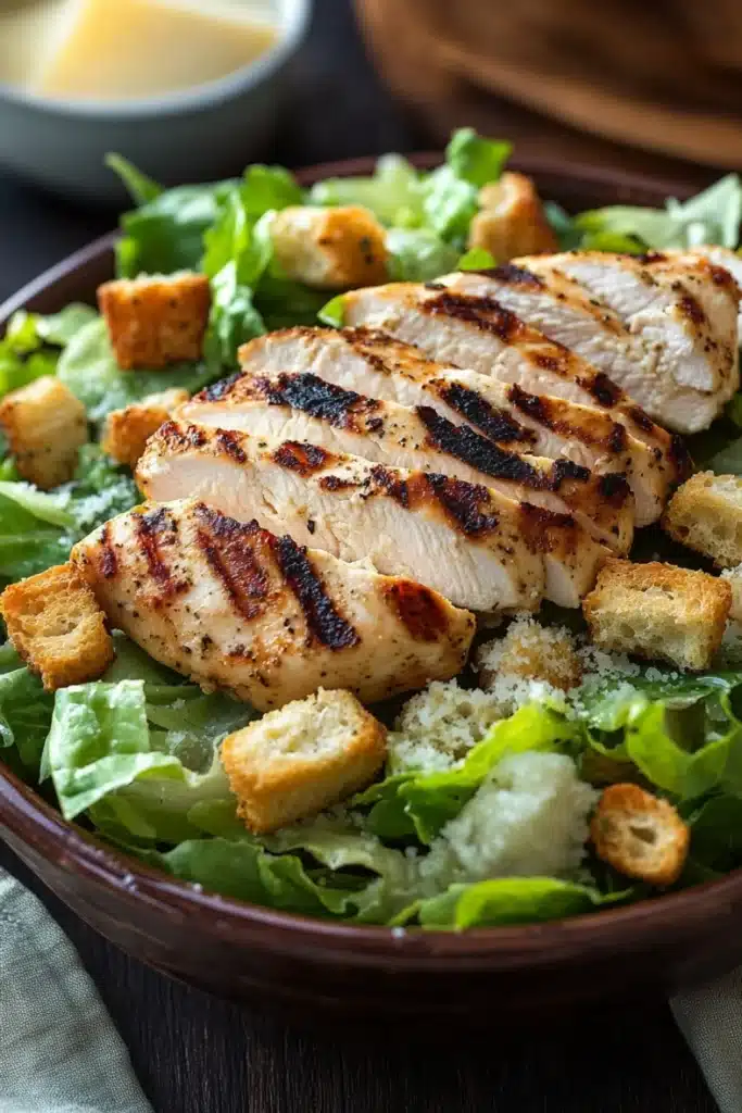 Chicken caesar salad - the image shows a large wooden bowl filled with a salad. the salad is made up of green leafy vegetables, possibly romaine lettuce, and is topped with grilled chicken breasts. the chicken breasts are golden brown and appear to be seasoned with herbs and spices. there are also croutons scattered throughout the salad, adding a crunchy texture. in the background, there is a small bowl of dressing and a wooden cutting board. the bowl is sitting on a wooden table with a white cloth napkin.