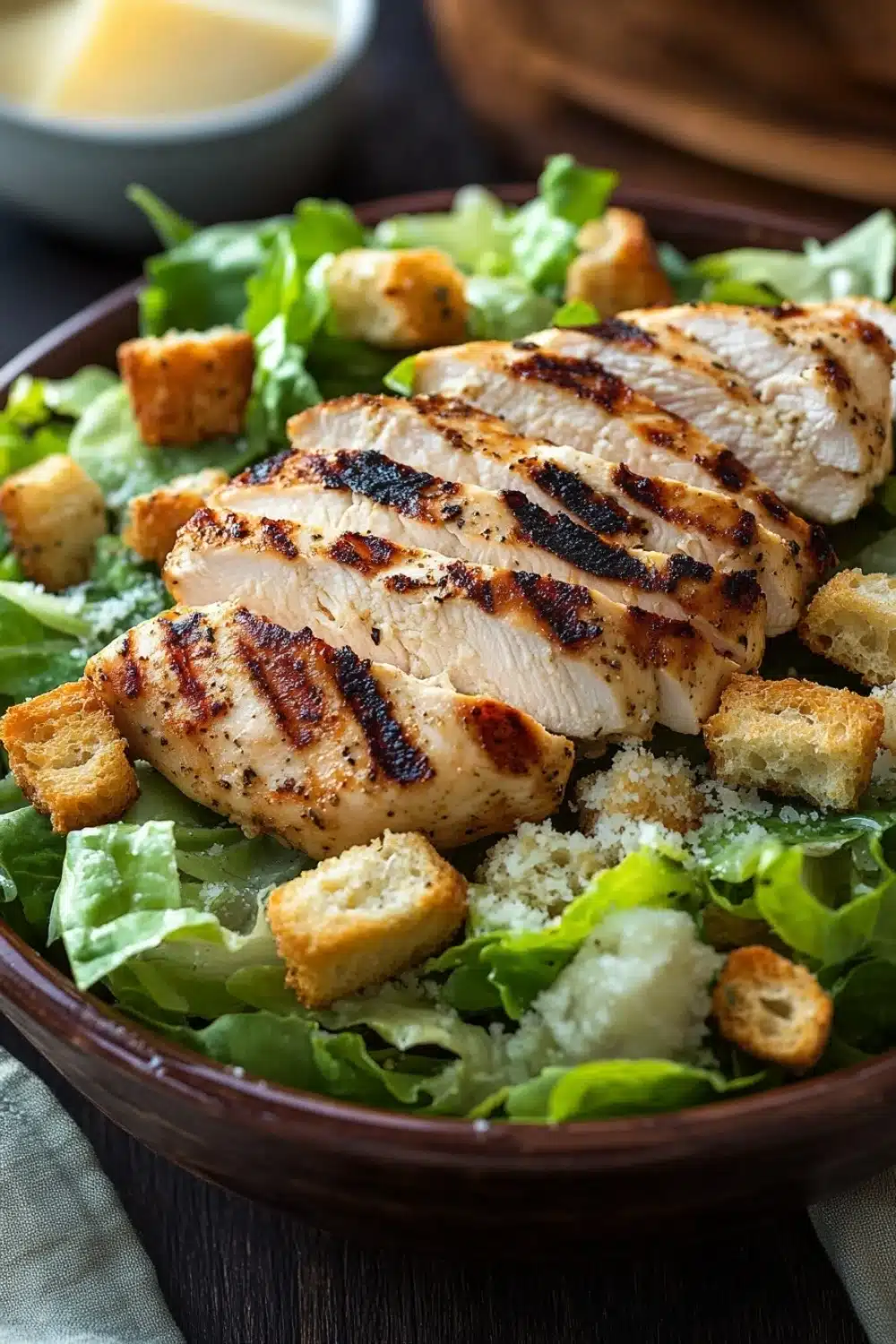Chicken caesar salad - the image shows a large wooden bowl filled with a salad. the salad is made up of green leafy vegetables, possibly romaine lettuce, and is topped with grilled chicken breasts. the chicken breasts are golden brown and appear to be seasoned with herbs and spices. there are also croutons scattered throughout the salad, adding a crunchy texture. in the background, there is a small bowl of dressing and a wooden cutting board. the bowl is sitting on a wooden table with a white cloth napkin.