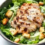 Chicken caesar salad - the image is a close-up of a salad in a blue bowl. the salad is made up of green leafy vegetables, possibly romaine lettuce, and is topped with grilled chicken strips. the chicken strips are arranged in a circular pattern and are drizzled with a light dressing. there are also croutons scattered throughout the salad, adding a crunchy texture. the bowl is sitting on a white countertop.