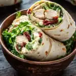 Chicken caesar salad pinwheels - the image shows a wooden bowl filled with a wrap. the wrap is made of tortilla and is cut in half, revealing the filling inside. the filling appears to be a mixture of chicken, lettuce, and cranberries. the bowl is placed on a dark wooden table, and there are other wraps visible in the background. the overall color scheme of the image is warm and inviting.