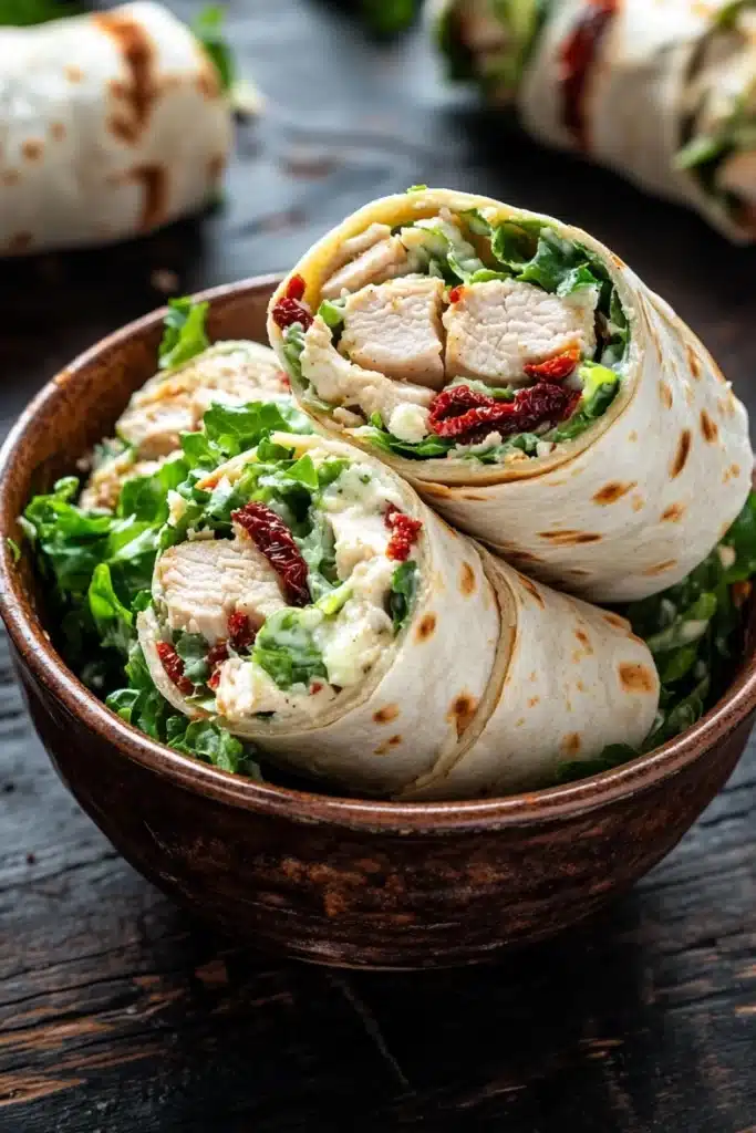 Chicken caesar salad pinwheels - the image shows a wooden bowl filled with a wrap. the wrap is made of tortilla and is cut in half, revealing the filling inside. the filling appears to be a mixture of chicken, lettuce, and cranberries. the bowl is placed on a dark wooden table, and there are other wraps visible in the background. the overall color scheme of the image is warm and inviting.