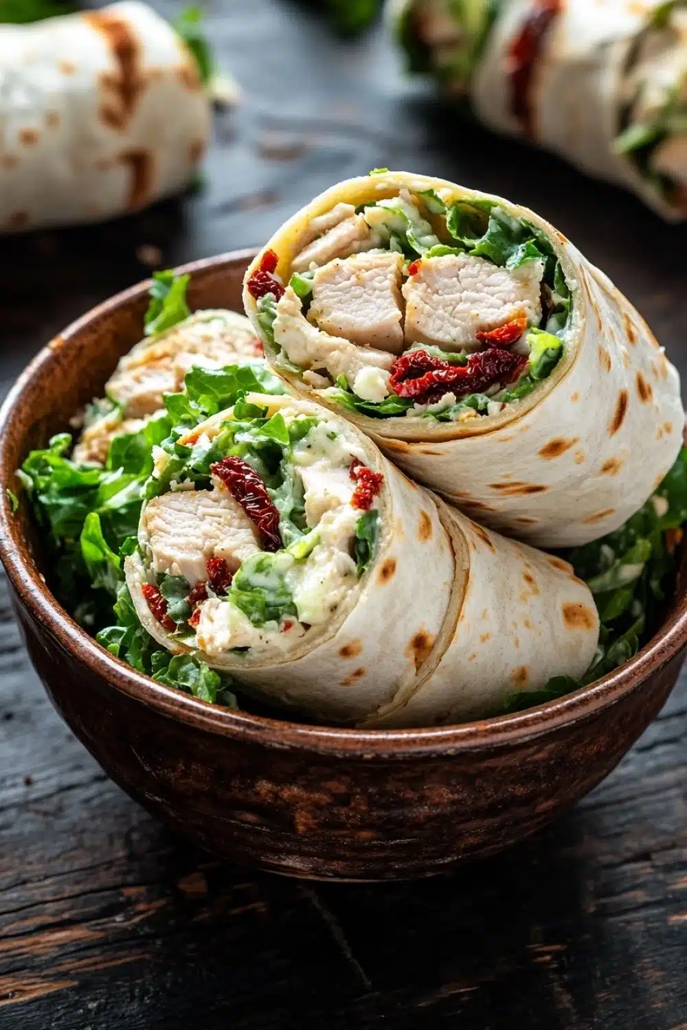 Chicken caesar salad pinwheels - the image shows a wooden bowl filled with a wrap. the wrap is made of tortilla and is cut in half, revealing the filling inside. the filling appears to be a mixture of chicken, lettuce, and cranberries. the bowl is placed on a dark wooden table, and there are other wraps visible in the background. the overall color scheme of the image is warm and inviting.