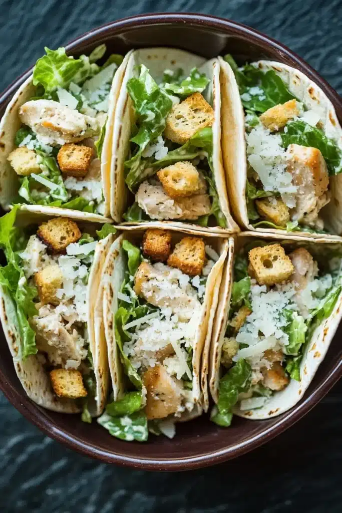 Chicken caesar salad tacos - the image shows a brown ceramic bowl filled with four tacos. the tacos are filled with shredded chicken, croutons, and a bed of green lettuce. the chicken appears to be seasoned with herbs and spices, and the crouton is sprinkled on top. the bowl is sitting on a dark grey countertop.