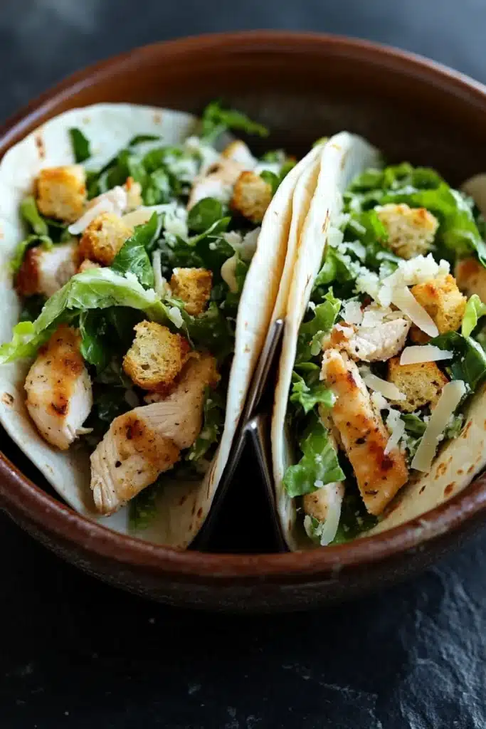 Chicken caesar salad tacos - the image shows two tacos in a brown ceramic bowl. the tacos are filled with a salad of green arugula, croutons, and grilled chicken. the chicken is cooked to a golden brown color and appears to be seasoned with herbs and spices. the salad is garnished with grated parmesan cheese. the bowl is sitting on a dark grey countertop.