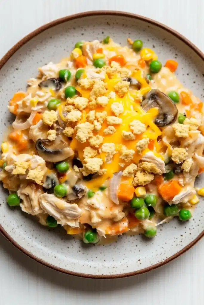 Chicken casserole creamy - the image is a close-up of a plate of food. the plate is round and has a light brown rim. the food appears to be a casserole dish with chunks of chicken, vegetables, and crumbled cheese. the chicken is cooked until it is golden brown and the vegetables include carrots, peas, and mushrooms. the cheese is melted and bubbly on top. the dish is garnished with a sprinkle of herbs and spices. the background is a white wooden table.