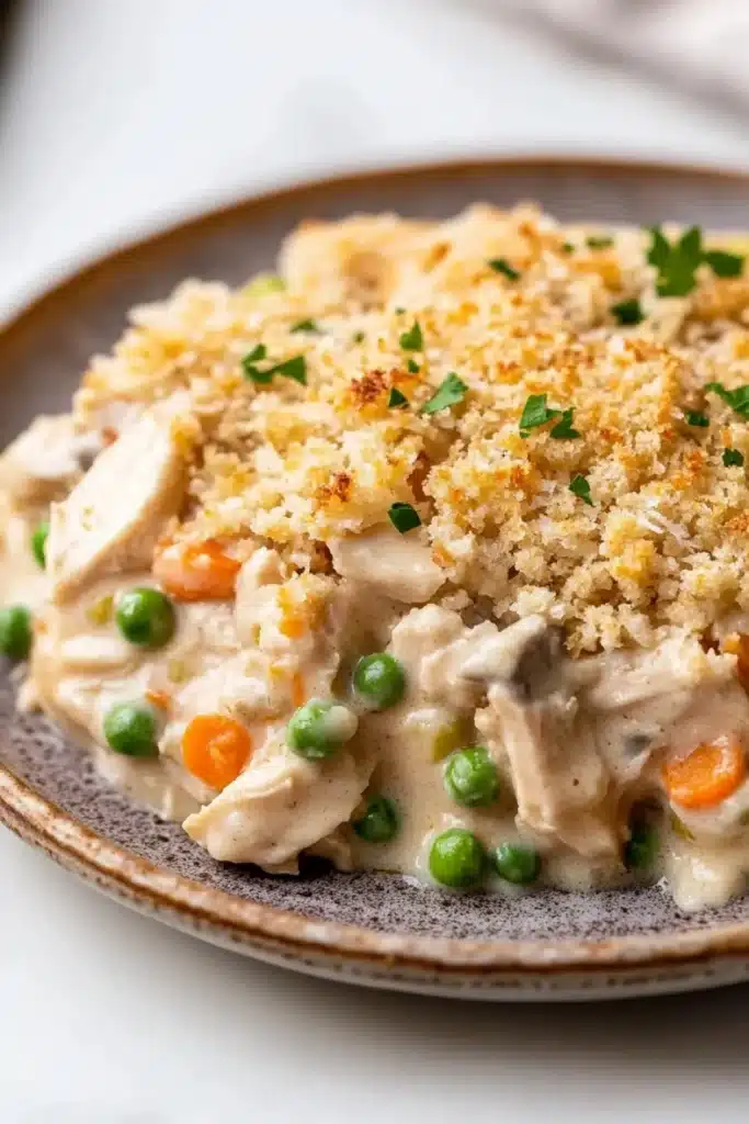 Chicken casserole creamy - the image is a close-up of a plate of food. the dish appears to be a creamy white sauce with chunks of chicken, peas, carrots, and other vegetables mixed in. the top of the dish is covered in a crumbly, golden-brown breadcrumbs, which are sprinkled with chopped parsley. the plate is brown and has a textured surface. the background is blurred, but it seems to be an indoor setting with a white tablecloth.