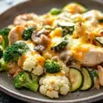Chicken casserole low carb - the image is a close-up of a plate of food. the plate is gray and has a textured surface. the food appears to be a stir-fry with chicken, broccoli, cauliflower, zucchini, and mushrooms. the chicken is cooked to a golden brown color and is covered in a creamy orange sauce. the broccoli is bright green and looks fresh and vibrant. the cauliflower is white and fluffy, and the zucchinis are cut into small pieces. the mushrooms are dark brown and appear to be seasoned with herbs and spices. the dish looks appetizing and ready to eat.
