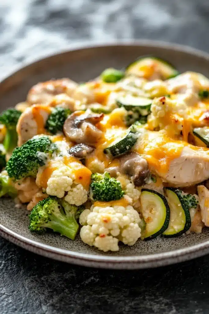 Chicken casserole low carb - the image is a close-up of a plate of food. the plate is gray and has a textured surface. the food appears to be a stir-fry with chicken, broccoli, cauliflower, zucchini, and mushrooms. the chicken is cooked to a golden brown color and is covered in a creamy orange sauce. the broccoli is bright green and looks fresh and vibrant. the cauliflower is white and fluffy, and the zucchinis are cut into small pieces. the mushrooms are dark brown and appear to be seasoned with herbs and spices. the dish looks appetizing and ready to eat.