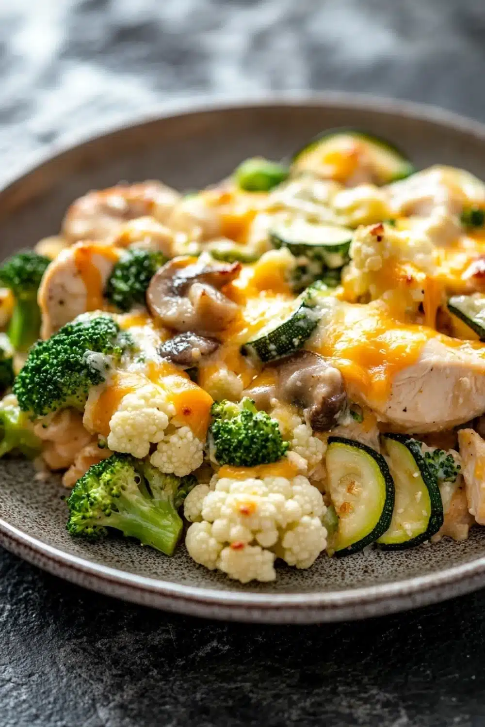 Chicken casserole low carb - the image is a close-up of a plate of food. the plate is gray and has a textured surface. the food appears to be a stir-fry with chicken, broccoli, cauliflower, zucchini, and mushrooms. the chicken is cooked to a golden brown color and is covered in a creamy orange sauce. the broccoli is bright green and looks fresh and vibrant. the cauliflower is white and fluffy, and the zucchinis are cut into small pieces. the mushrooms are dark brown and appear to be seasoned with herbs and spices. the dish looks appetizing and ready to eat.