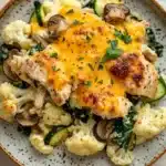 Chicken casserole low carb - the image is a close-up of a plate of food. the plate is round and has a light blue and white speckled pattern. on top of the plate, there is a serving of cooked chicken with a golden-brown crust on top. the chicken is covered in a layer of melted cheese and garnished with chopped parsley. below the chicken, there are roasted cauliflower, zucchini, and mushrooms. the vegetables are arranged in a colorful and appetizing manner. the background is a white wooden table.