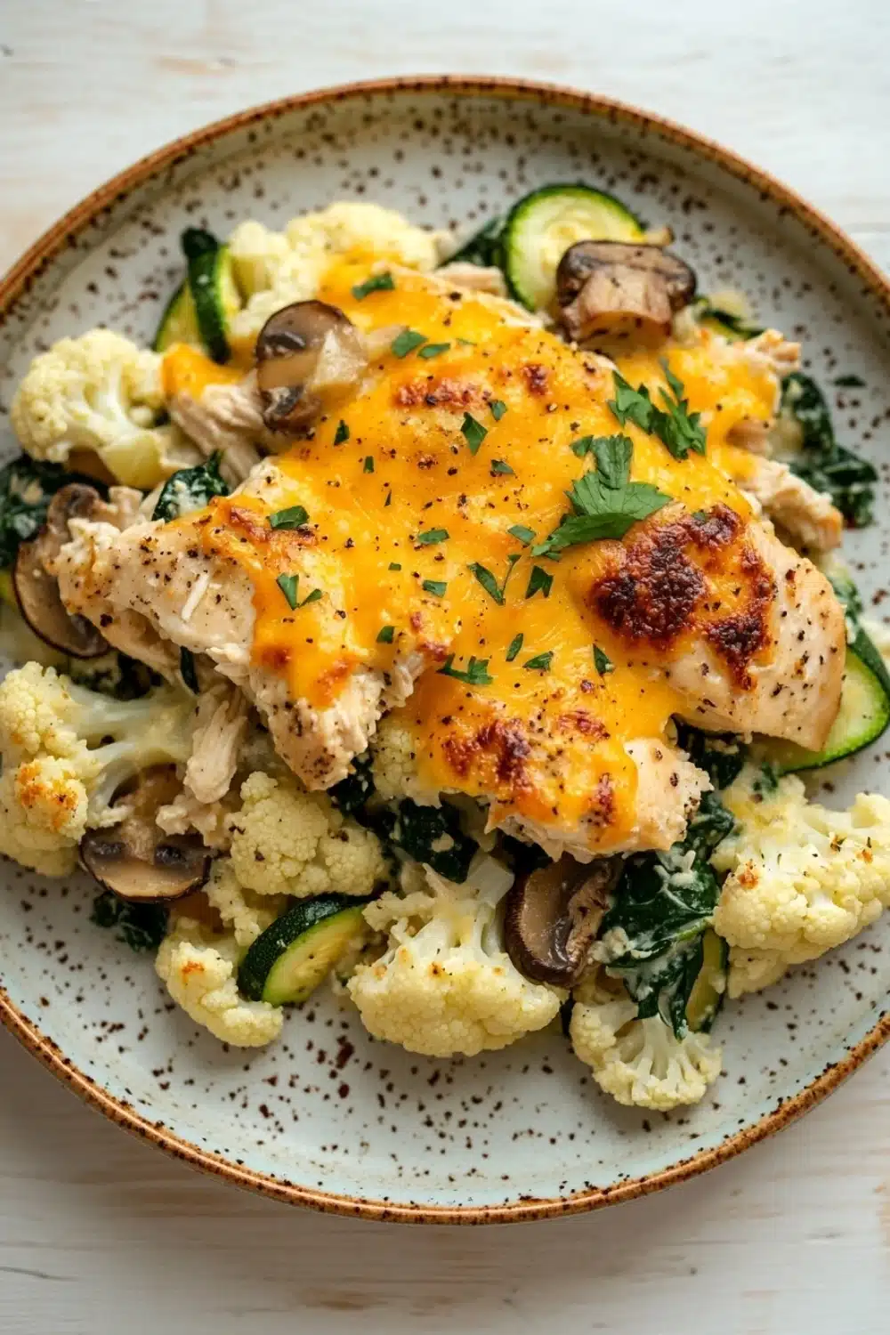 Chicken casserole low carb - the image is a close-up of a plate of food. the plate is round and has a light blue and white speckled pattern. on top of the plate, there is a serving of cooked chicken with a golden-brown crust on top. the chicken is covered in a layer of melted cheese and garnished with chopped parsley. below the chicken, there are roasted cauliflower, zucchini, and mushrooms. the vegetables are arranged in a colorful and appetizing manner. the background is a white wooden table.