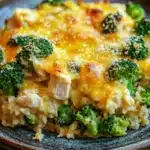 Chicken jasmine rice broccoli casserole - the image shows a close-up of a dish on a wooden table. the dish appears to be a casserole or risotto, with a layer of melted cheese on top. the cheese is yellow and bubbly, and there are small pieces of broccoli scattered throughout the dish. the broccoli is bright green and looks fresh and healthy. the risotto is a light brown color and looks fluffy and creamy. the plate is brown and has a textured surface. the background is blurred, but it seems to be an indoor setting with a gray tablecloth.