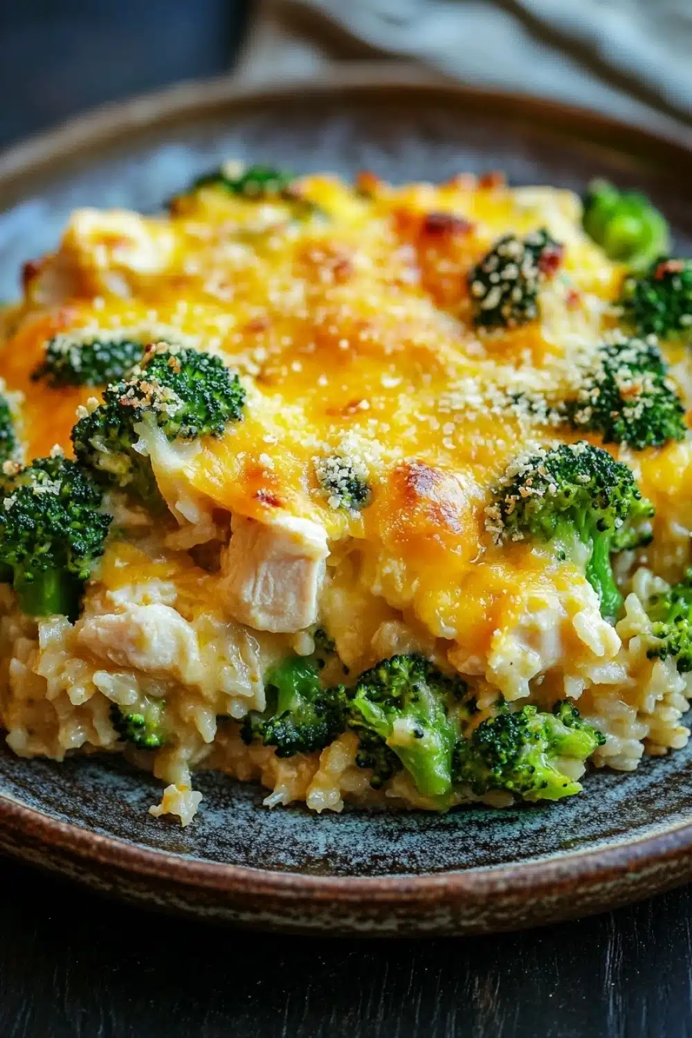 Chicken jasmine rice broccoli casserole - the image shows a close-up of a dish on a wooden table. the dish appears to be a casserole or risotto, with a layer of melted cheese on top. the cheese is yellow and bubbly, and there are small pieces of broccoli scattered throughout the dish. the broccoli is bright green and looks fresh and healthy. the risotto is a light brown color and looks fluffy and creamy. the plate is brown and has a textured surface. the background is blurred, but it seems to be an indoor setting with a gray tablecloth.