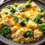 Chicken jasmine rice broccoli casserole - the image shows a plate of food on a wooden table. the dish appears to be a casserole or risotto, with chunks of chicken and broccoli mixed in. the chicken is golden brown and looks crispy on the outside, while the broccoli is bright green and florets. the rice is fluffy and light brown, and the dish is garnished with a sprinkle of herbs. the plate is brown and has a textured surface. a fork is resting on the side of the plate.