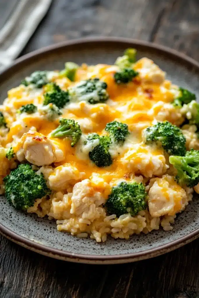Chicken jasmine rice broccoli casserole - the image shows a plate of food on a wooden table. the dish appears to be a casserole or risotto, with chunks of chicken and broccoli mixed in. the chicken is golden brown and looks crispy on the outside, while the broccoli is bright green and florets. the rice is fluffy and light brown, and the dish is garnished with a sprinkle of herbs. the plate is brown and has a textured surface. a fork is resting on the side of the plate.
