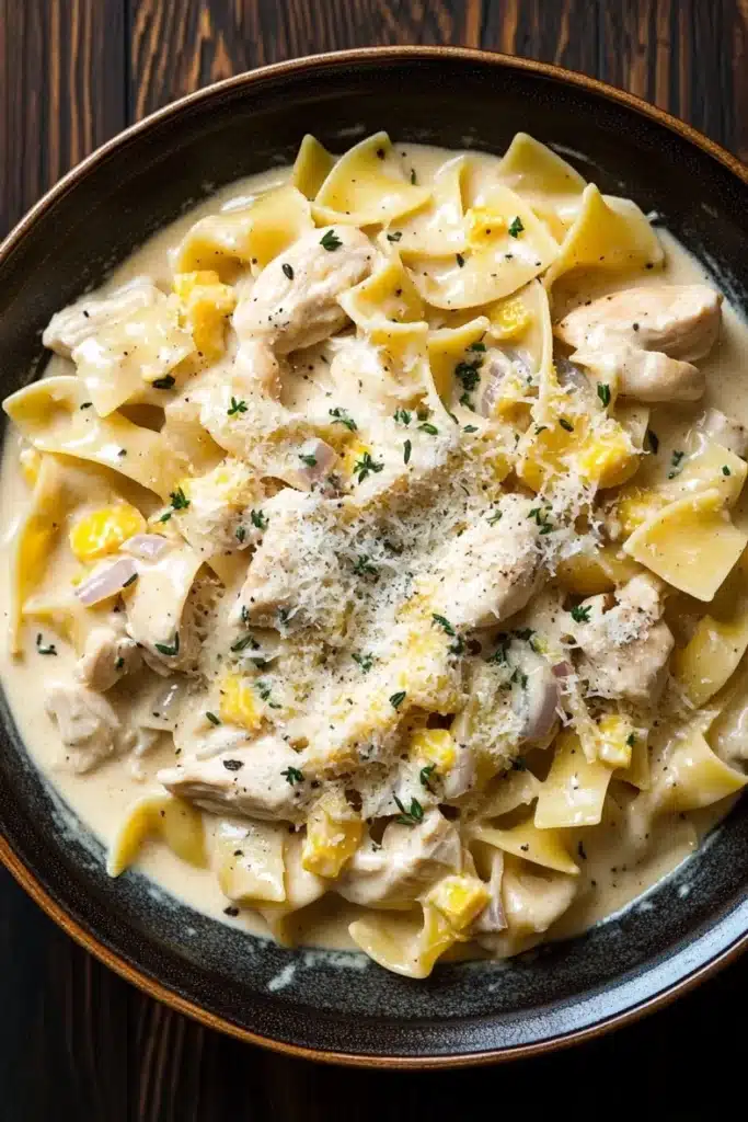 Chicken noodle skillet with sauce - the image is a close-up of a bowl of pasta dish. the pasta appears to be fettuccine alfredo, with chunks of chicken and yellow bell peppers mixed in. the dish is garnished with grated parmesan cheese and chopped herbs. the bowl is made of dark brown ceramic and is sitting on a wooden table. the background is blurred, so the focus is on the dish.