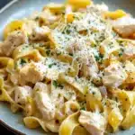 Chicken noodle skillet with sauce - the image is a close-up of a plate of pasta dish. the pasta appears to be fettuccine alfredo, which is a type of penne pasta. it is cooked al dente and is topped with chunks of chicken and grated parmesan cheese. the dish is garnished with chopped parsley and red onions. the plate is sitting on a dark countertop. the background is blurred, making the pasta the focal point of the image.