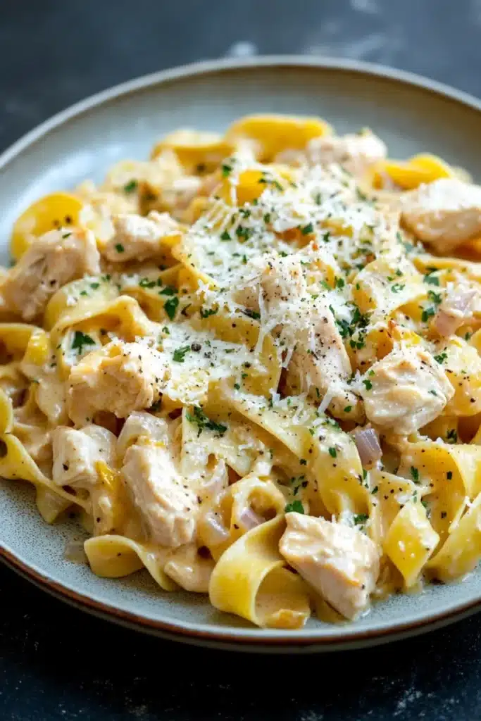 Chicken noodle skillet with sauce - the image is a close-up of a plate of pasta dish. the pasta appears to be fettuccine alfredo, which is a type of penne pasta. it is cooked al dente and is topped with chunks of chicken and grated parmesan cheese. the dish is garnished with chopped parsley and red onions. the plate is sitting on a dark countertop. the background is blurred, making the pasta the focal point of the image.