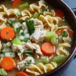 Chicken noodle soup in instant pot - the image is a close-up of a bowl of soup. the soup appears to be a type of noodle soup with chunks of chicken, carrots, celery, and other vegetables mixed in. the noodles are long and thin, and the broth is a light brown color. there are also some green herbs scattered throughout the soup, including parsley and celery. the bowl is made of dark brown ceramic and has a handle on one side. the background is a dark grey countertop.