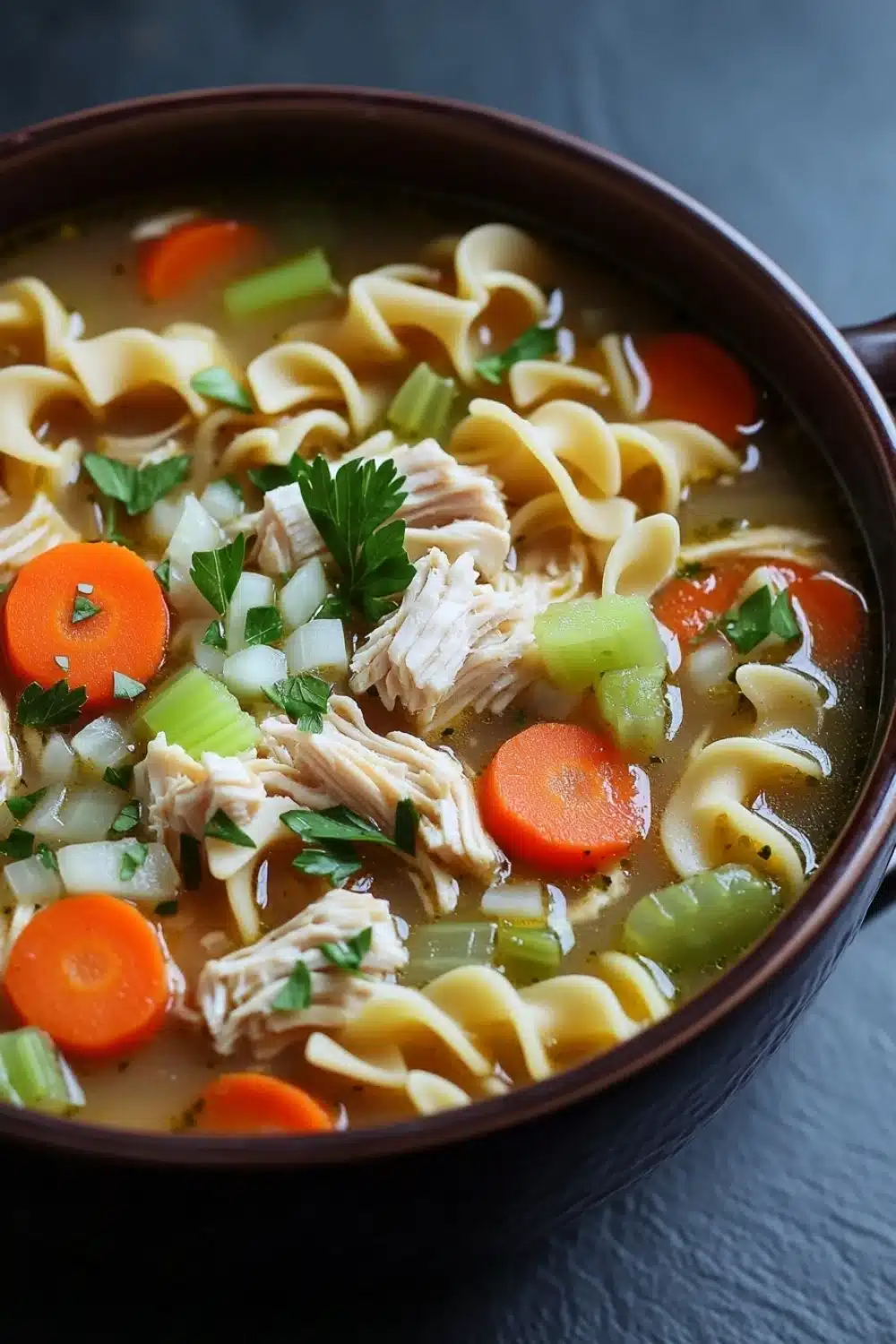 Chicken noodle soup in instant pot - the image is a close-up of a bowl of soup. the soup appears to be a type of noodle soup with chunks of chicken, carrots, celery, and other vegetables mixed in. the noodles are long and thin, and the broth is a light brown color. there are also some green herbs scattered throughout the soup, including parsley and celery. the bowl is made of dark brown ceramic and has a handle on one side. the background is a dark grey countertop.