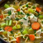 Chicken noodle soup in instant pot - the image is a close-up of a bowl of soup. the soup appears to be a type of noodle soup with chunks of chicken, carrots, celery, and other vegetables mixed in. the broth is a light yellow color and is thick and creamy. the bowl is made of dark brown ceramic and is sitting on a dark blue surface. there are also some sprigs of parsley scattered throughout the soup, adding a pop of green color to the dish.