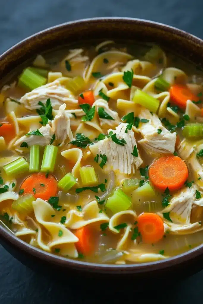Chicken noodle soup in instant pot - the image is a close-up of a bowl of soup. the soup appears to be a type of noodle soup with chunks of chicken, carrots, celery, and other vegetables mixed in. the broth is a light yellow color and is thick and creamy. the bowl is made of dark brown ceramic and is sitting on a dark blue surface. there are also some sprigs of parsley scattered throughout the soup, adding a pop of green color to the dish.