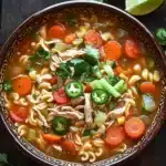 Chicken noodle soup mexican style - the image is a close-up of a bowl of soup. the soup appears to be a type of noodle soup with chunks of chicken, carrots, celery, and jalapeno peppers. the bowl is made of ceramic and has a brown rim. there are two lime wedges on the side of the bowl and a sprig of cilantro on the table. the background is a dark wooden table.