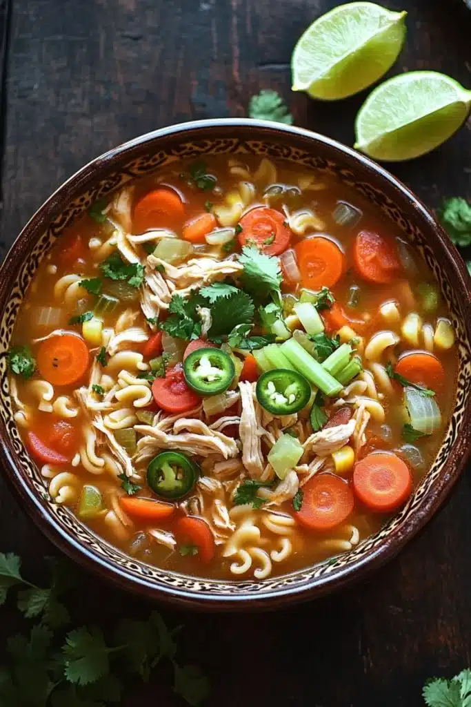 Chicken noodle soup mexican style - the image is a close-up of a bowl of soup. the soup appears to be a type of noodle soup with chunks of chicken, carrots, celery, and jalapeno peppers. the bowl is made of ceramic and has a brown rim. there are two lime wedges on the side of the bowl and a sprig of cilantro on the table. the background is a dark wooden table.