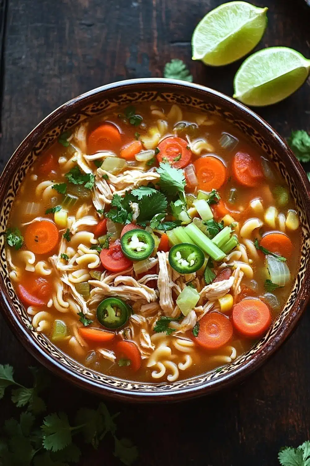Chicken noodle soup mexican style - the image is a close-up of a bowl of soup. the soup appears to be a type of noodle soup with chunks of chicken, carrots, celery, and jalapeno peppers. the bowl is made of ceramic and has a brown rim. there are two lime wedges on the side of the bowl and a sprig of cilantro on the table. the background is a dark wooden table.