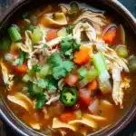 Chicken noodle soup mexican style - the image is a close-up of a bowl of soup. the soup appears to be a type of noodle soup with chunks of chicken, carrots, celery, and jalapeno peppers. the broth is a light brown color and is thick and creamy. the bowl is made of ceramic and is sitting on a dark wooden table. there are also some fresh cilantro leaves scattered throughout the soup, adding a pop of green color to the dish.
