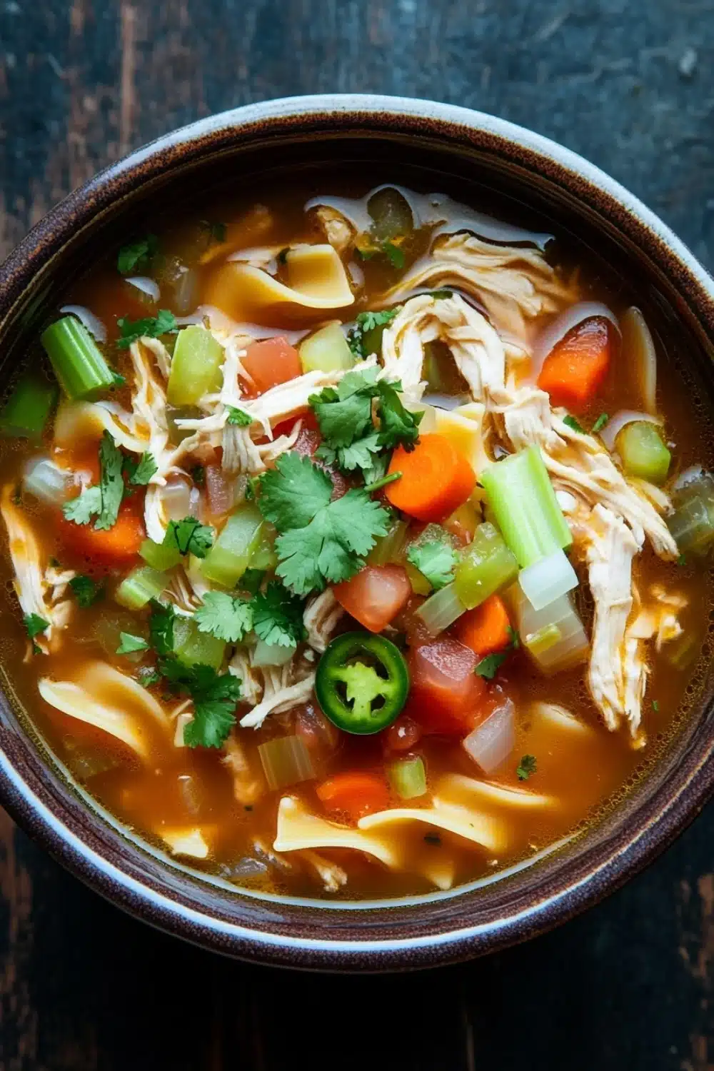 Chicken noodle soup mexican style - the image is a close-up of a bowl of soup. the soup appears to be a type of noodle soup with chunks of chicken, carrots, celery, and jalapeno peppers. the broth is a light brown color and is thick and creamy. the bowl is made of ceramic and is sitting on a dark wooden table. there are also some fresh cilantro leaves scattered throughout the soup, adding a pop of green color to the dish.