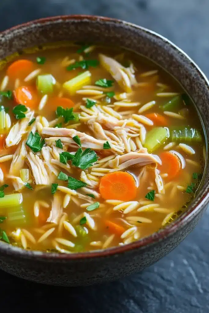 Chicken noodle soup with orzo - the image is a close-up of a bowl of soup. the soup appears to be a type of noodle soup with chunks of chicken, carrots, celery, and other vegetables mixed in. the bowl is made of dark brown ceramic and is sitting on a dark grey surface. there are also some sprigs of parsley scattered throughout the soup, adding a pop of green color to the dish.