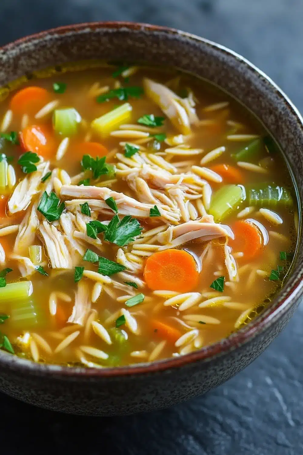 Chicken noodle soup with orzo - the image is a close-up of a bowl of soup. the soup appears to be a type of noodle soup with chunks of chicken, carrots, celery, and other vegetables mixed in. the bowl is made of dark brown ceramic and is sitting on a dark grey surface. there are also some sprigs of parsley scattered throughout the soup, adding a pop of green color to the dish.