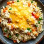 Chicken rice casserole knorr - the image is a close-up of a plate of rice dish. the rice appears to be cooked and has a golden brown color. on top of the rice, there is a layer of melted cheese, which is a bright yellow color. the cheese is spread evenly over the top, covering the entire dish. there are also small pieces of chicken, carrots, and peas scattered throughout the dish, adding a pop of color and texture. the dish is garnished with a sprinkle of herbs and spices. the plate is sitting on a dark grey countertop.