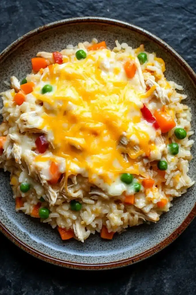Chicken rice casserole knorr - the image is a close-up of a plate of rice dish. the rice appears to be cooked and has a golden brown color. on top of the rice, there is a layer of melted cheese, which is a bright yellow color. the cheese is spread evenly over the top, covering the entire dish. there are also small pieces of chicken, carrots, and peas scattered throughout the dish, adding a pop of color and texture. the dish is garnished with a sprinkle of herbs and spices. the plate is sitting on a dark grey countertop.